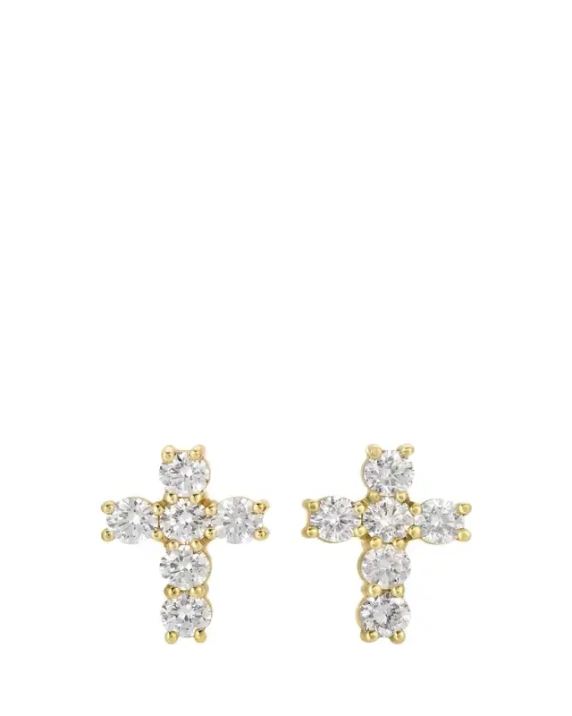 18K Yellow Gold Diamond Cross Stud Earrings