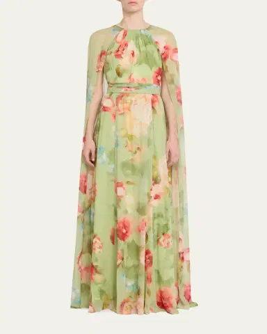 Rickie Freeman for Teri Jon Floral-Print Chiffon Cape Gown | Thumbnail 2