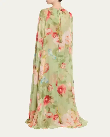 Rickie Freeman for Teri Jon Floral-Print Chiffon Cape Gown | Thumbnail 3