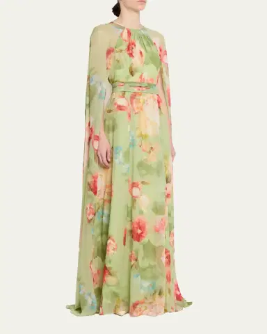 Rickie Freeman for Teri Jon Floral-Print Chiffon Cape Gown | Thumbnail 4