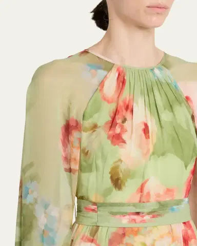 Rickie Freeman for Teri Jon Floral-Print Chiffon Cape Gown | Thumbnail 5