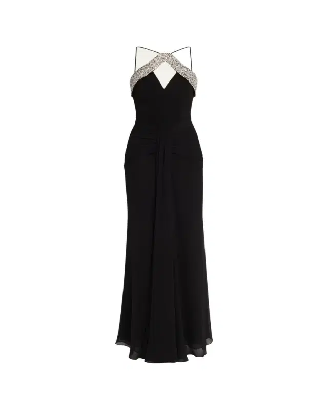 REBECCA VALLANCE Astros Draped Crystal-Trim Halter Gown