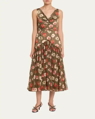 Cinq à Sept Makaila Floating Poppies Satin Midi Dress | Thumbnail 2