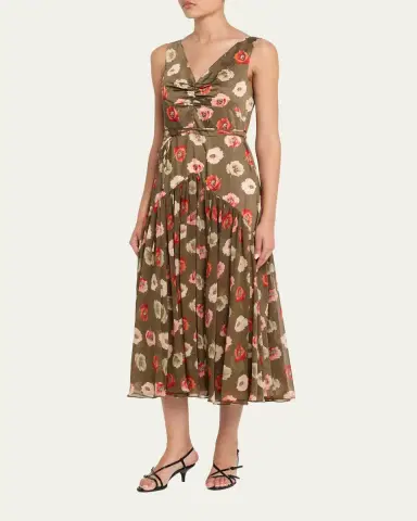 Cinq à Sept Makaila Floating Poppies Satin Midi Dress | Thumbnail 4