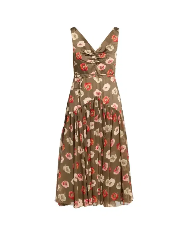 Cinq a Sept Makaila Floating Poppies Satin Midi Dress