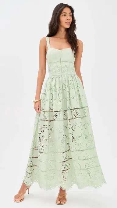 Alice + Olivia Anya Embroidered Soft Sweetheart Midi Dress Light Sage 6 | Thumbnail 2