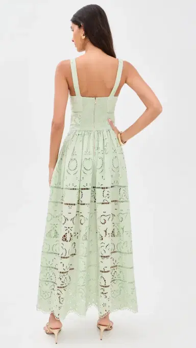 Alice + Olivia Anya Embroidered Soft Sweetheart Midi Dress Light Sage 6 | Thumbnail 3