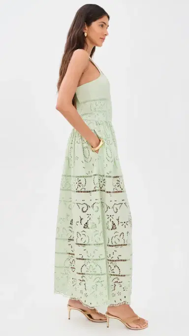 Alice + Olivia Anya Embroidered Soft Sweetheart Midi Dress Light Sage 6 | Thumbnail 4