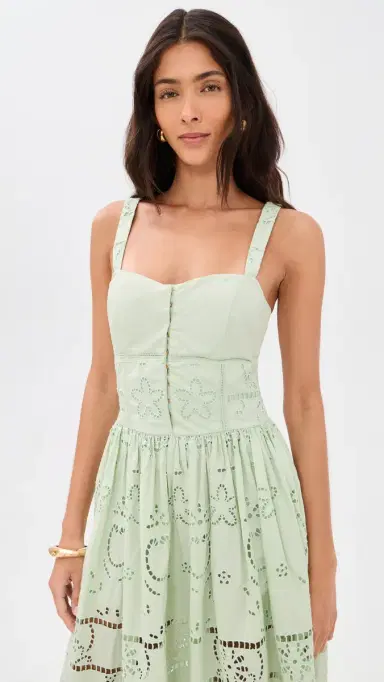 Alice + Olivia Anya Embroidered Soft Sweetheart Midi Dress Light Sage 6 | Thumbnail 5