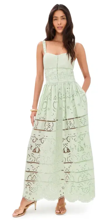 Alice + Olivia Anya Embroidered Soft Sweetheart Midi Dress Light Sage 6 | Thumbnail 1