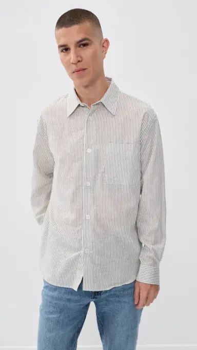 Frame Linen Blend tripe Button Down Shirt Khaki Ecru tripe | Thumbnail 2