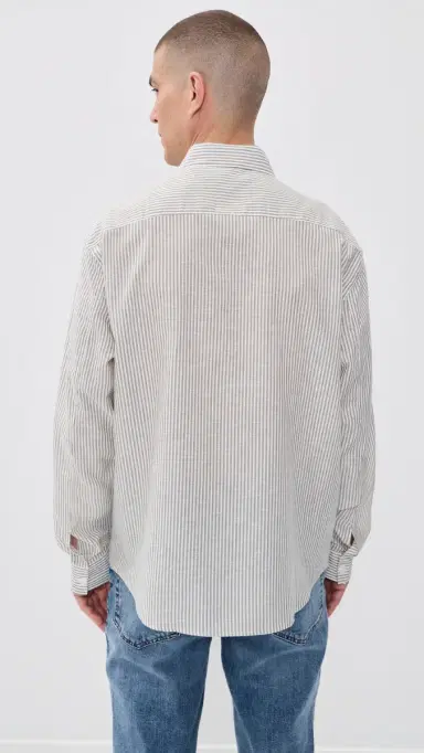Frame Linen Blend tripe Button Down Shirt Khaki Ecru tripe | Thumbnail 3