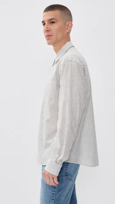 Frame Linen Blend tripe Button Down Shirt Khaki Ecru tripe | Thumbnail 4