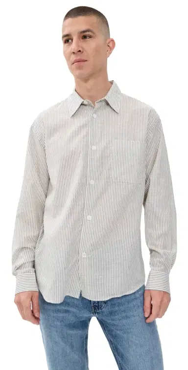 Frame Linen Blend tripe Button Down Shirt Khaki Ecru tripe | Thumbnail 1
