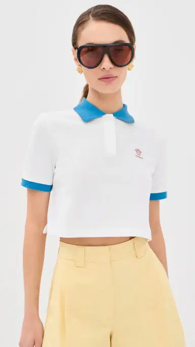 Versace Medusa Embroidery Cropped Pique Polo White/Azure Blue | Thumbnail 2 Versace Medusa Embroidery Cropped Pique Polo White/Azure Blue | Thumbnail 2