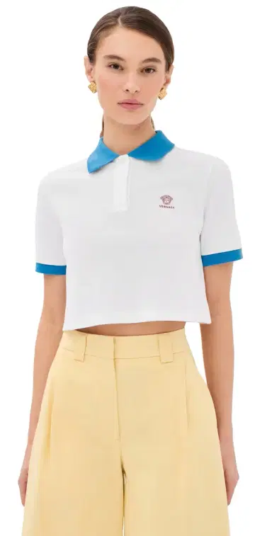 Versace Medusa Embroidery Cropped Pique Polo White/Azure Blue | Thumbnail 1 Versace Medusa Embroidery Cropped Pique Polo White/Azure Blue | Thumbnail 1