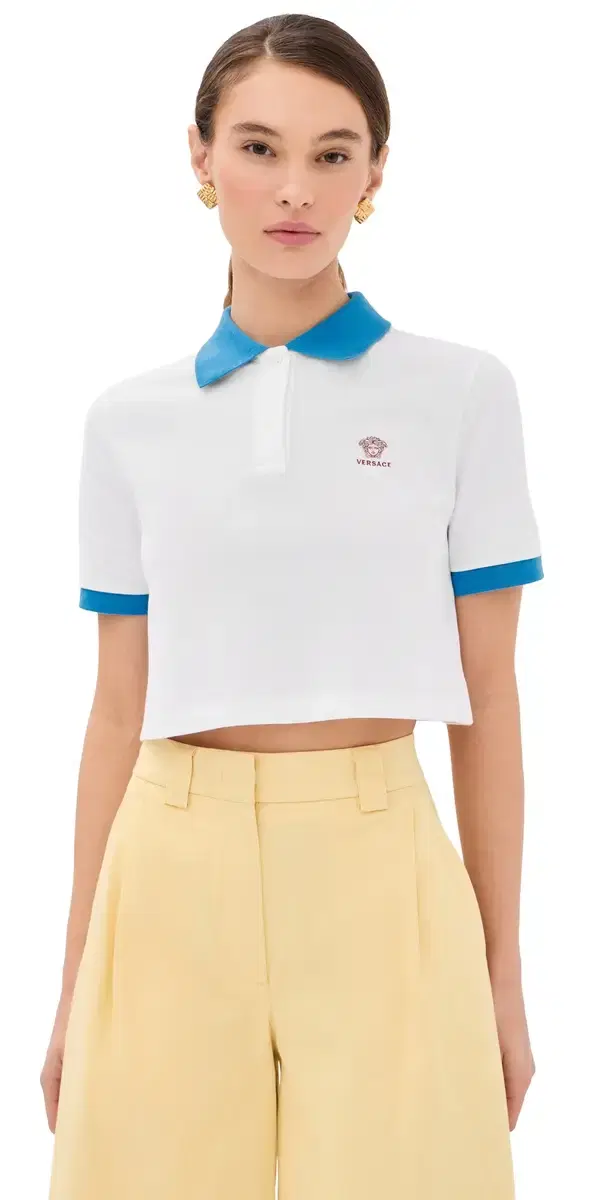 Versace Medusa Embroidery Cropped Pique Polo White/Azure Blue