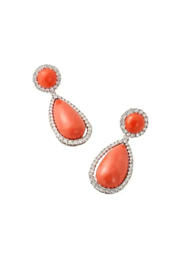 Vintage 1980s Platinum, Coral And Diamond Earrings