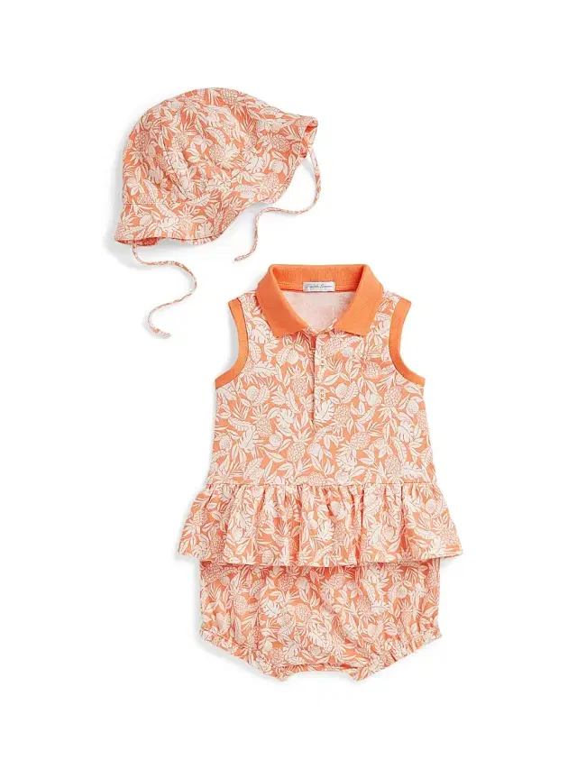 Polo Ralph Lauren Baby Girl's Peplum Polo Shirt, Bloomers & Hat Set - Orange Pineapple 3 Months