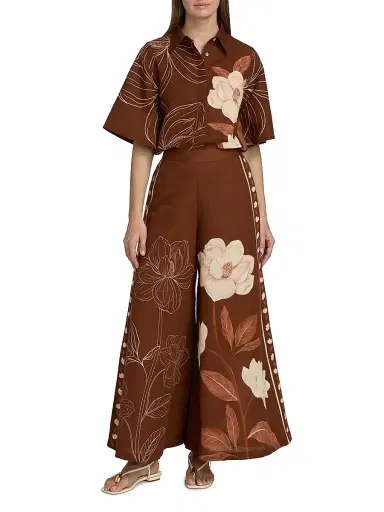 VERANDAH Women's Ammama Magnolia Linen-Cotton Flared Pants - Brown Magnolia Linear Panel - Size Large | Thumbnail 2