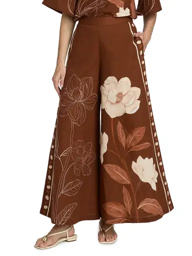 VERANDAH Women's Ammama Magnolia Linen-Cotton Flared Pants - Brown Magnolia Linear Panel - Size Large | Thumbnail 3