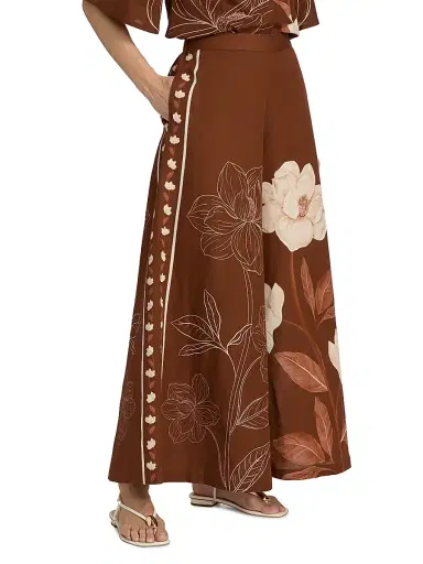 VERANDAH Women's Ammama Magnolia Linen-Cotton Flared Pants - Brown Magnolia Linear Panel - Size Large | Thumbnail 4