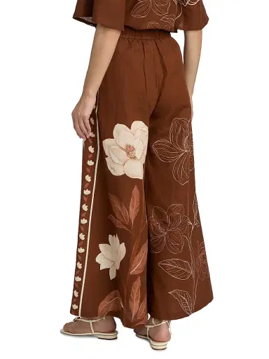 VERANDAH Women's Ammama Magnolia Linen-Cotton Flared Pants - Brown Magnolia Linear Panel - Size Large | Thumbnail 5
