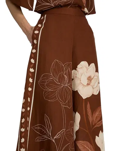 VERANDAH Women's Ammama Magnolia Linen-Cotton Flared Pants - Brown Magnolia Linear Panel - Size Large | Thumbnail 6