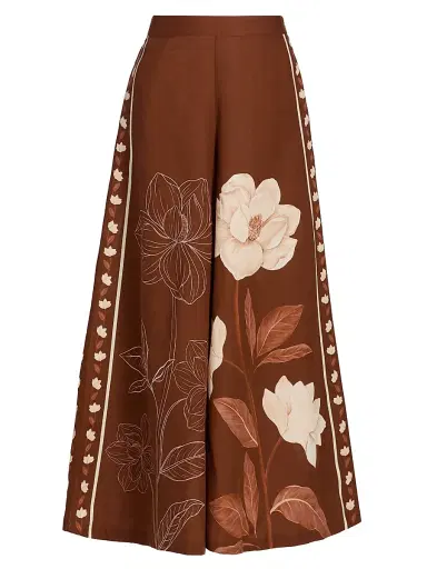 VERANDAH Women's Ammama Magnolia Linen-Cotton Flared Pants - Brown Magnolia Linear Panel - Size Large | Thumbnail 1