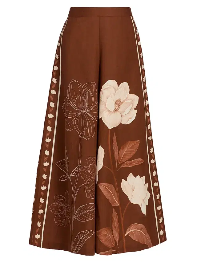 Verandah Women's Ammama Magnolia Linen-Cotton Flared Pants - Brown Magnolia Linear Panel