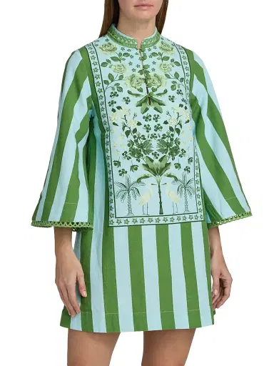 VERANDAH Women's Ammama Anj Striped Cotton-Blend Minidress - Ice Blue Leaf Green Floral - Size Medium | Thumbnail 3