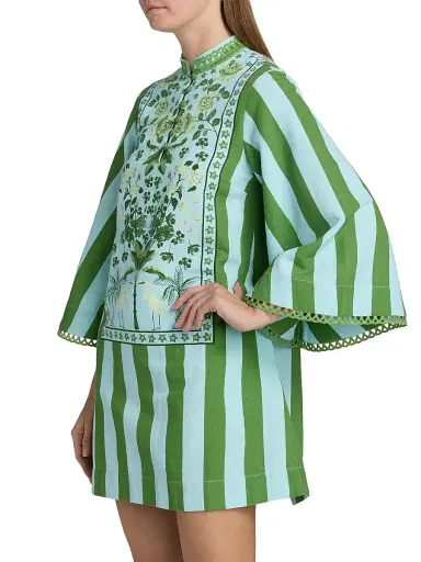 VERANDAH Women's Ammama Anj Striped Cotton-Blend Minidress - Ice Blue Leaf Green Floral - Size Medium | Thumbnail 4