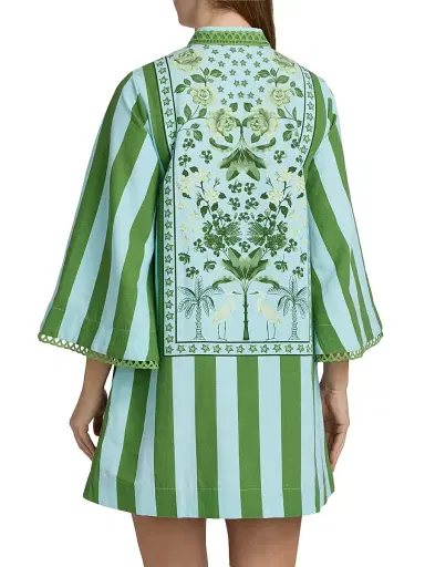 VERANDAH Women's Ammama Anj Striped Cotton-Blend Minidress - Ice Blue Leaf Green Floral - Size Medium | Thumbnail 5