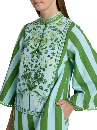 VERANDAH Women's Ammama Anj Striped Cotton-Blend Minidress - Ice Blue Leaf Green Floral - Size Medium | Thumbnail 6
