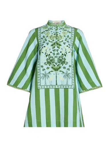 VERANDAH Women's Ammama Anj Striped Cotton-Blend Minidress - Ice Blue Leaf Green Floral - Size Medium | Thumbnail 1