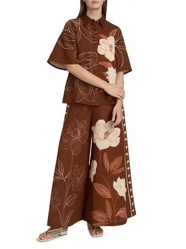 VERANDAH Women's Ammama Floral Linen-Cotton Bell-Sleeve Shirt - Brown Linear Magnolia Panel - Size Large | Thumbnail 2