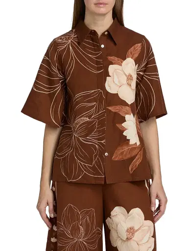 VERANDAH Women's Ammama Floral Linen-Cotton Bell-Sleeve Shirt - Brown Linear Magnolia Panel - Size Large | Thumbnail 3