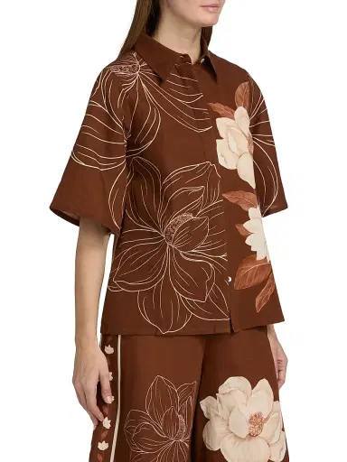 VERANDAH Women's Ammama Floral Linen-Cotton Bell-Sleeve Shirt - Brown Linear Magnolia Panel - Size Large | Thumbnail 4