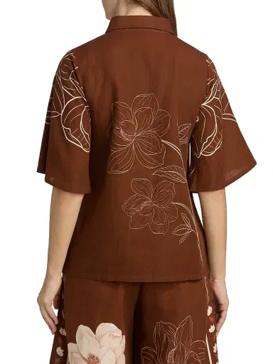 VERANDAH Women's Ammama Floral Linen-Cotton Bell-Sleeve Shirt - Brown Linear Magnolia Panel - Size Large | Thumbnail 5
