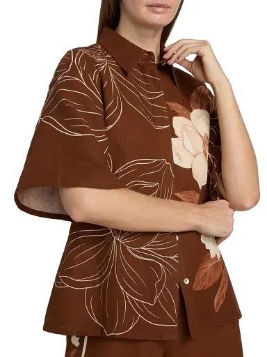 VERANDAH Women's Ammama Floral Linen-Cotton Bell-Sleeve Shirt - Brown Linear Magnolia Panel - Size Large | Thumbnail 6