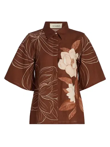 VERANDAH Women's Ammama Floral Linen-Cotton Bell-Sleeve Shirt - Brown Linear Magnolia Panel - Size Large | Thumbnail 1