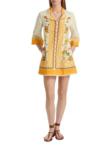 VERANDAH Women's Ammama Garden Cotton-Linen Minidress - Ivory Multi Floral Panel - Size XL | Thumbnail 2 VERANDAH Women's Ammama Garden Cotton-Linen Minidress - Ivory Multi Floral Panel - Size XL | Thumbnail 2