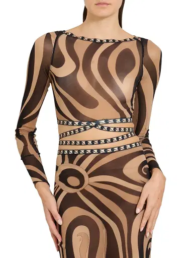 PUCCI Women's L'Alba Printed Tie-Waist Tulle Top - Beige Nero - Size 10 | Thumbnail 3 PUCCI Women's L'Alba Printed Tie-Waist Tulle Top - Beige Nero - Size 10 | Thumbnail 3