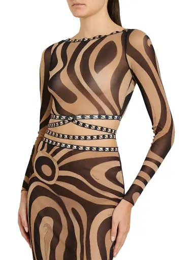 PUCCI Women's L'Alba Printed Tie-Waist Tulle Top - Beige Nero - Size 10 | Thumbnail 4 PUCCI Women's L'Alba Printed Tie-Waist Tulle Top - Beige Nero - Size 10 | Thumbnail 4