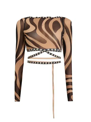 PUCCI Women's L'Alba Printed Tie-Waist Tulle Top - Beige Nero - Size 10 | Thumbnail 1 PUCCI Women's L'Alba Printed Tie-Waist Tulle Top - Beige Nero - Size 10 | Thumbnail 1