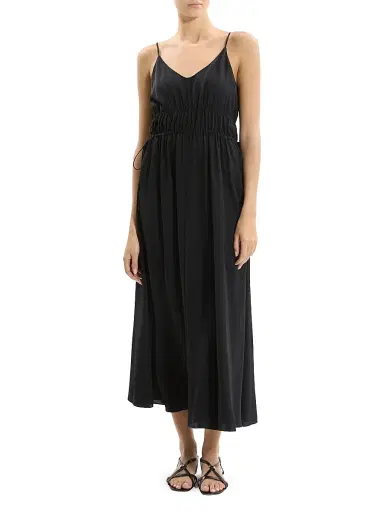 Theory Women's Gathered Tie-Waist Midi-Dress - Black | Thumbnail 2 Theory Women's Gathered Tie-Waist Midi-Dress - Black | Thumbnail 2