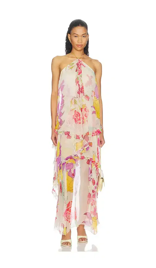 Flores Silk Chiffon Long Halter Dress