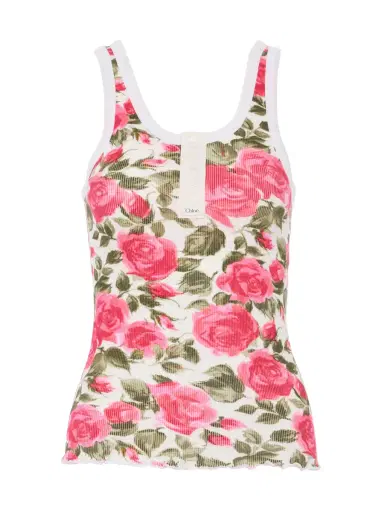 Chloé Floral Cotton Jersey Henley Tank | Thumbnail 1 Chloé Floral Cotton Jersey Henley Tank | Thumbnail 1