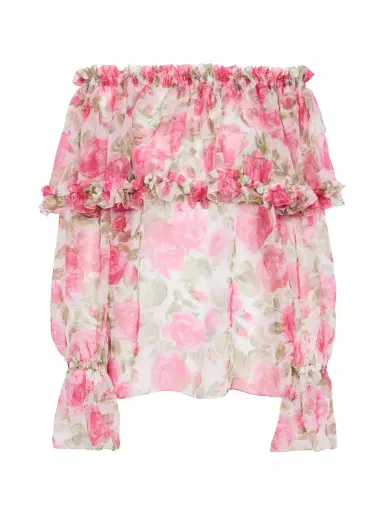 Chloé Off-Shoulder Puff-Sleeve Silk Floral Top | Thumbnail 1
