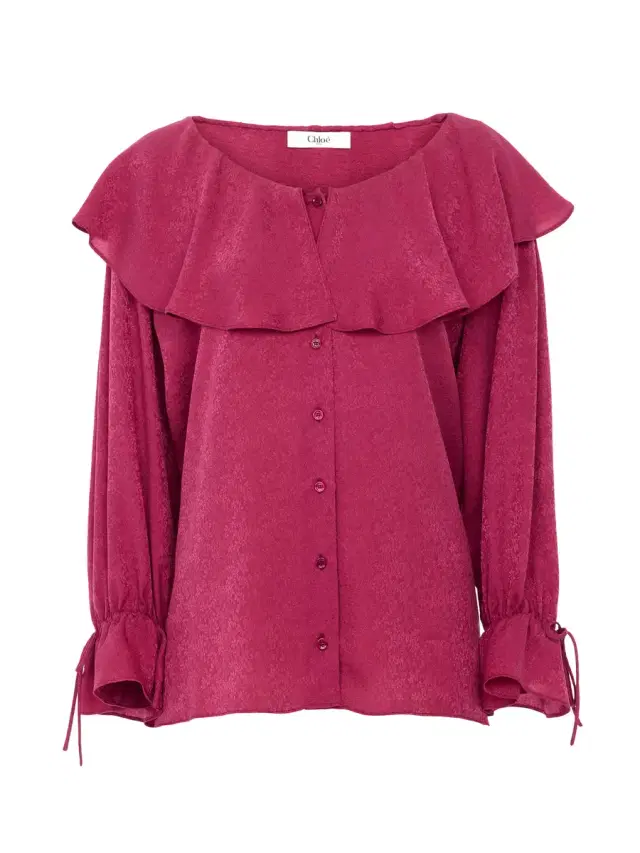 Round-Neck Silk Jacquard Ruffle Blouse